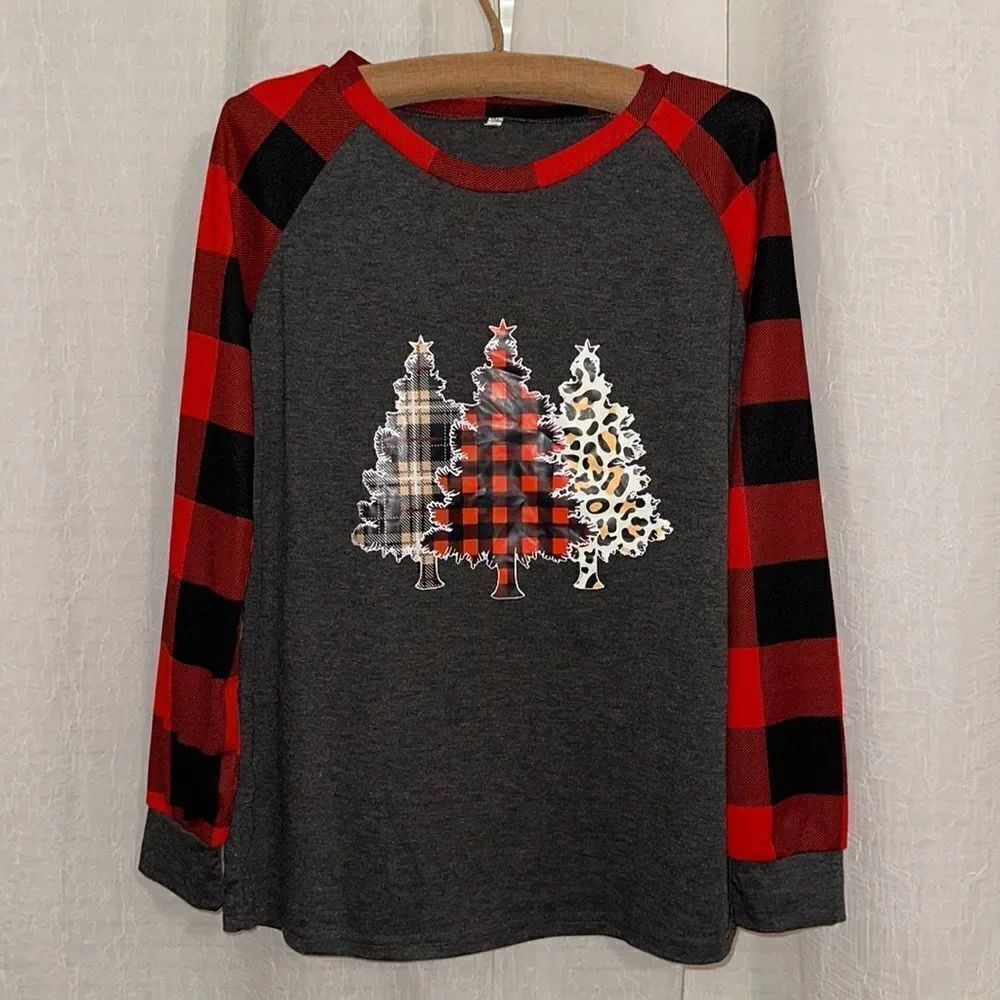 Buffalo Plaid M Charcoal Gray Red Triple Christmas Tree Crewneck Pajama Top